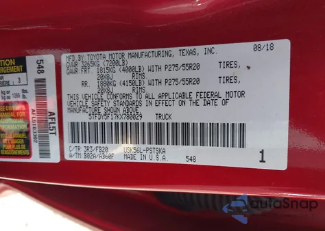 2019 Toyota Tundra Sr5 5.7L V8 from USA, damaged, VIN 5TFDY5F17KX780029